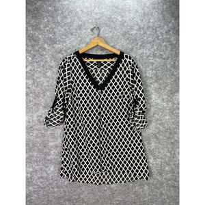 White House Black Market Blouse Womens 12 Black White 3/4 Sleeve V Neck Tunic
